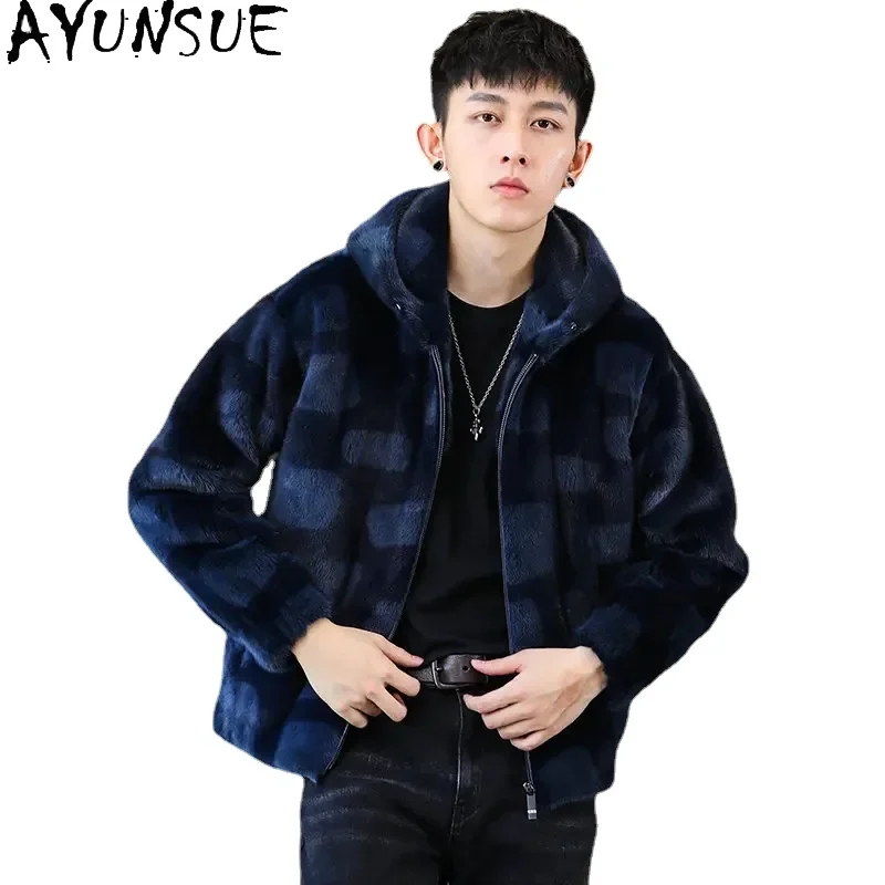 AYUNSUE Mink Real Fur Coat Men Winter Jackets 2025 Mens Fur Jacket Coat Luxury Short Mink Fur Coats Hooded Casaco Masculino SGG