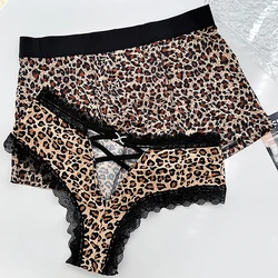 Couple Underwear Leopard Print Lace Sexy Hot Women's Triangle Pants Transparent Low Waist Men's Flat Cornered Pants Head Couple