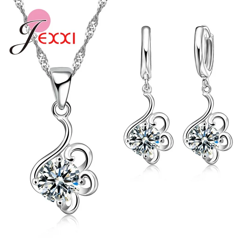 New 925 Sterling Silver Jewelry Set Engagement Wedding Bridal Crystal Rhinestone Flower Round Pendant Necklace Earring Sets