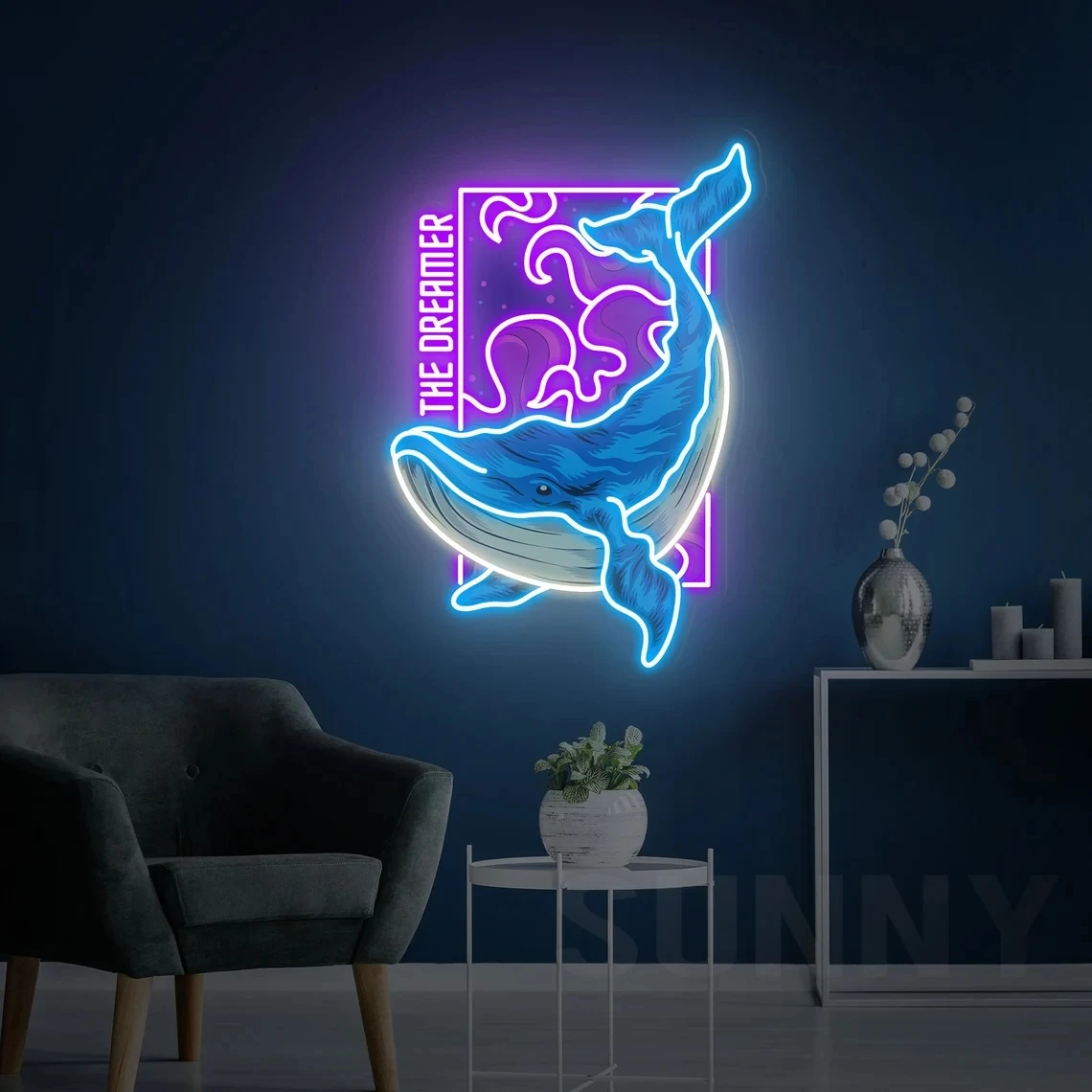 Whale neon sign, blue whale neon light, The dreamer wall art decor, Fish neon sign, Ocean dream neon sign, UV printing wall deco