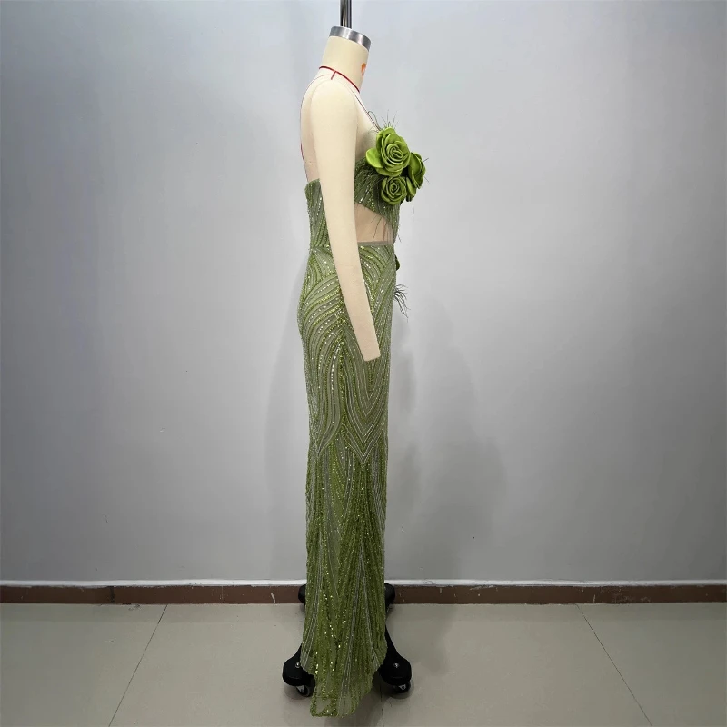 Verde oliva elegante vestido sereia cintilante sem alças sem costas flores sexy corte bodycon bandagem vestido de noite