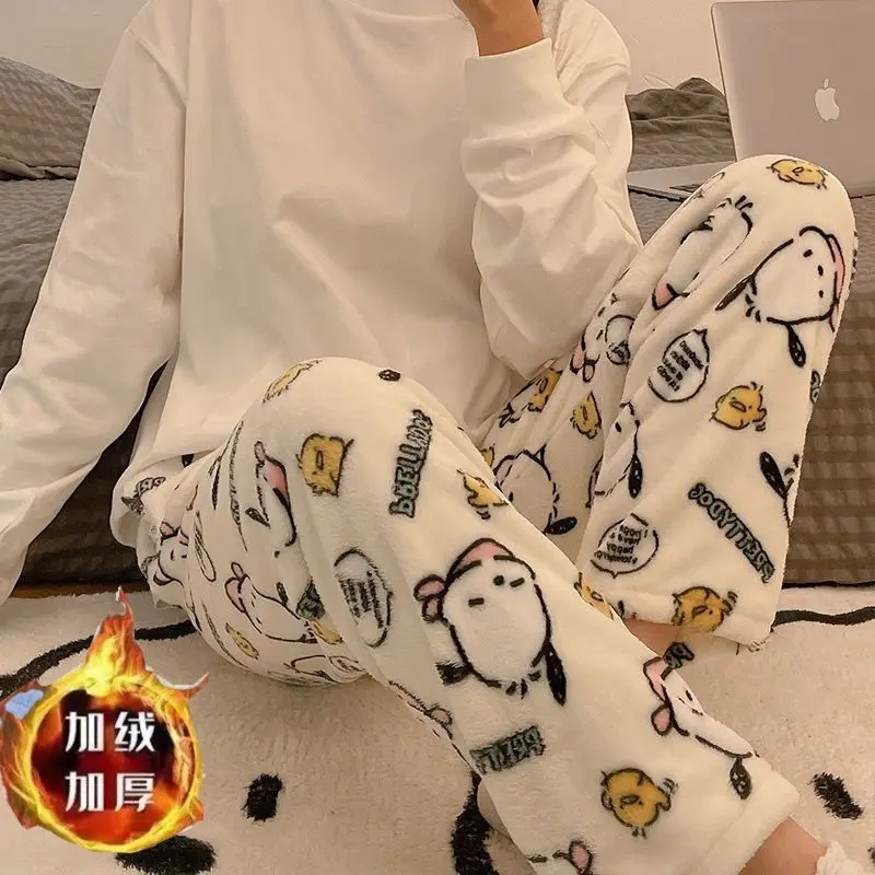 Sanrio Hello Kitty Coral Fleece Pyjamahose Herbst Winter Verdickte und mit Fleece gefütterte Oberbekleidung Flanellhose in Übergrößen