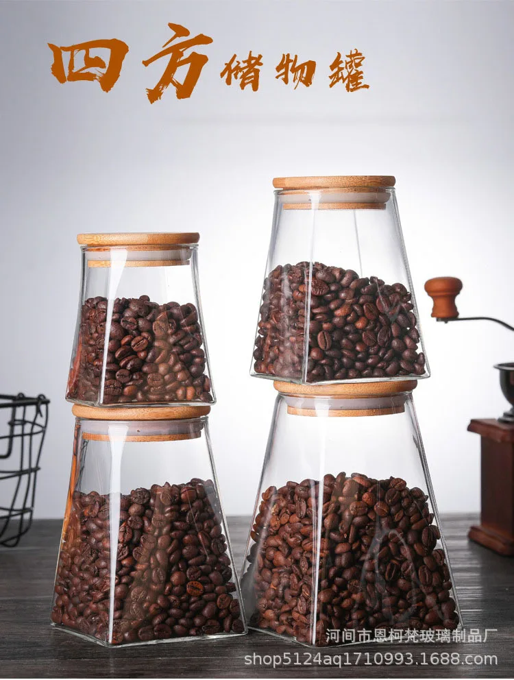 350/500/950 مللي غطاء من الخيزران جرة شاي منزلية عالية البورسليكات الزجاج مربع تخزين جرة سعة كبيرة مختومة جرة للحبوب #5