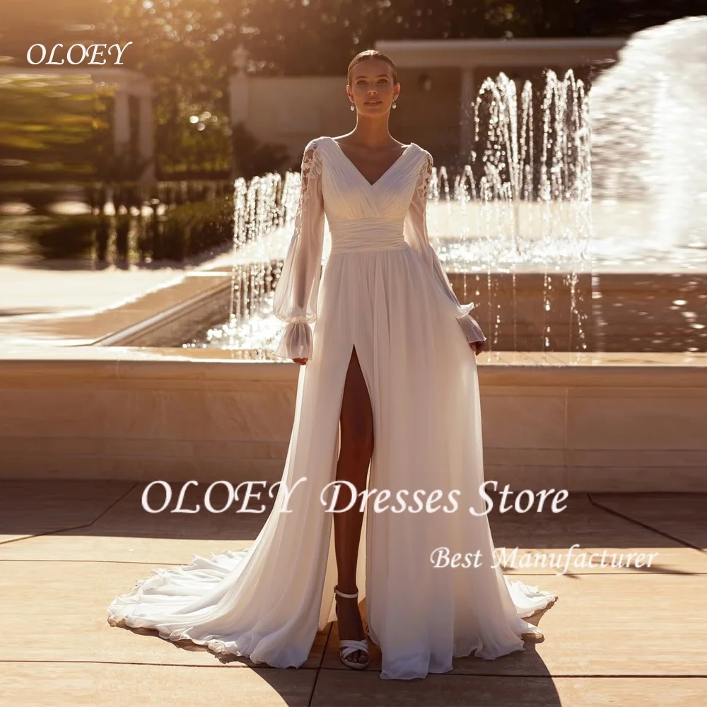 

OLOEY Chiffon Wedding Dresses Customized V-Neck Lace Applique Long Sleeves Bridal Gown High Slit vestidos de novia Custom Made