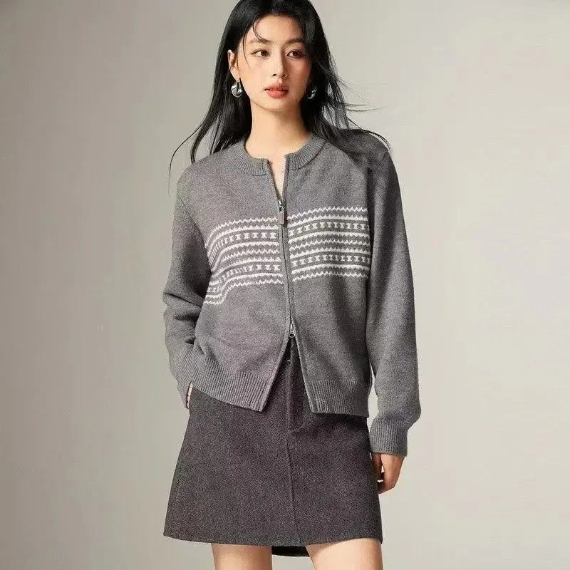 

Женская одежда, осенне-зимний простой офисный женский свитер на молнии, винтажный вязаный женский кардиган, тонкий свободный свитер с круглым вырезом, топы