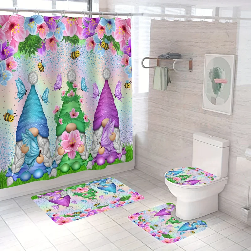 1/4pcs Glitter Gnomes Set, Colorful Flowers Bee Butterfly Shower Curtain with 12 Hooks, Non-Slip Bathroom Te