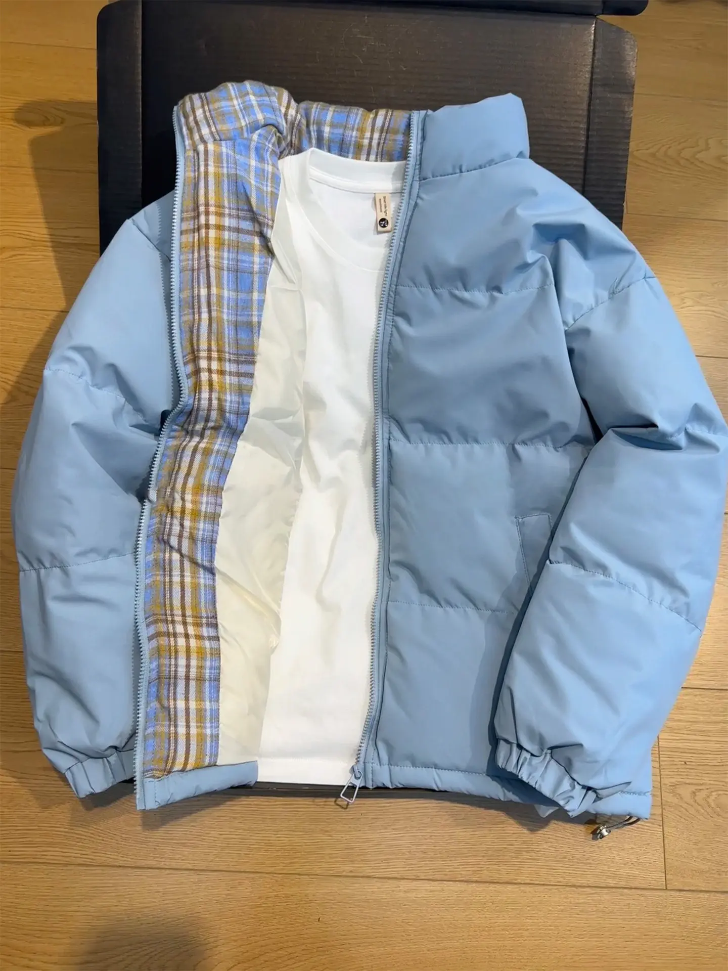 Blue Plaid Lined Thickened Cotton Jacket Men's Winter Warm Short Style Stand Collar Splicing Bread Style Coat for Teenagers