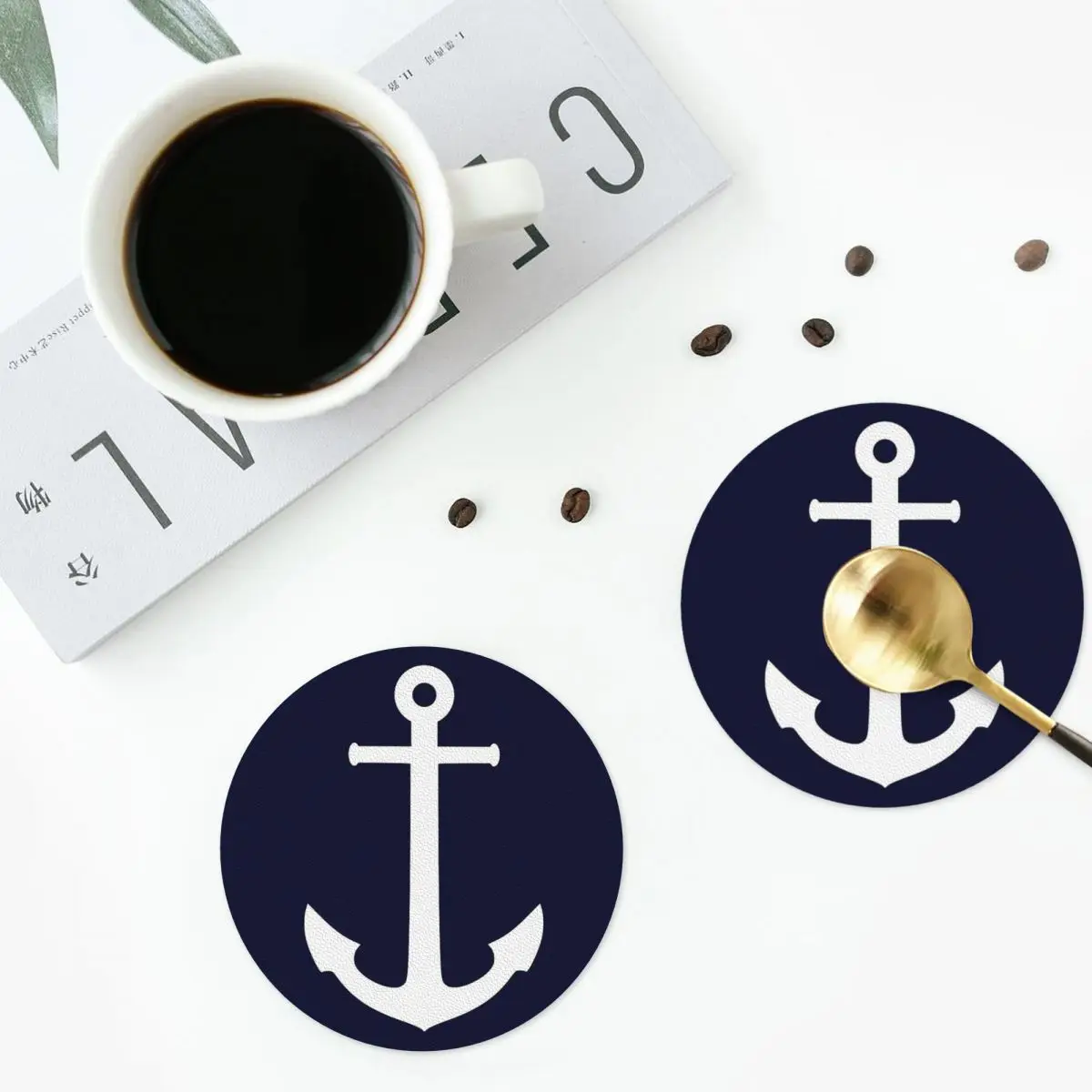 White Anchor On Navy Blue Coasters Kitchen Placemats Waterproof Insulation Cup Coffee Mat For Decor Home Tableware Pads Set of 4