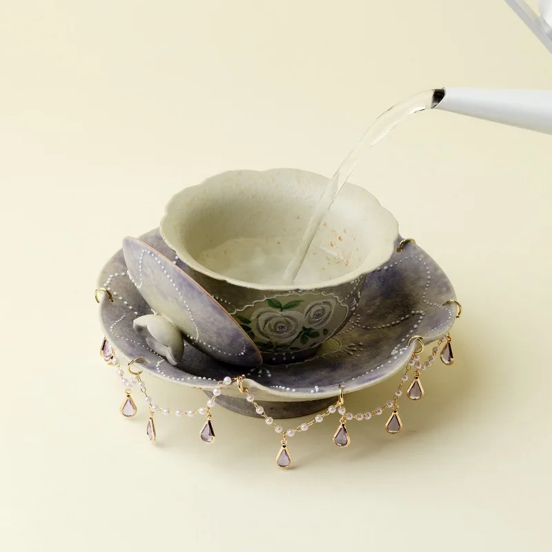 Bundle engraved smoked purple hand-painted rose pot bearing ceramic dry bubble tray fringed pearl chain decorative tea tray