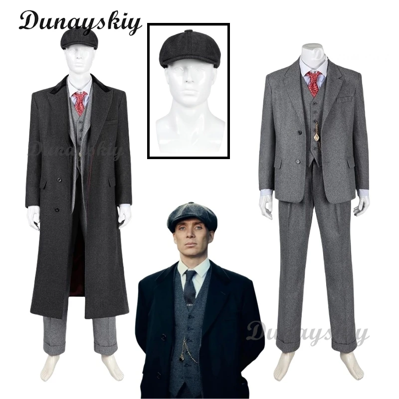 Tommy Shelby Cosplay Costume Hats Man Peaky 6 Long Trench Coat Suit Outfit Full Set Retro British Newsboy Cap Gatsby Octagonal