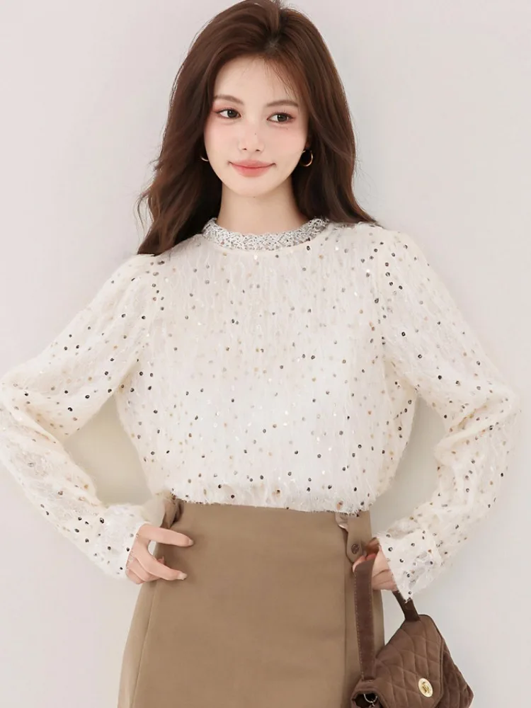 스팽글 태슬 시폰 탑 여성용 봄 가을 디자인 독특하고 아름다운 패셔너블한 스몰핏 스트레이트 컷 롱 슬리브