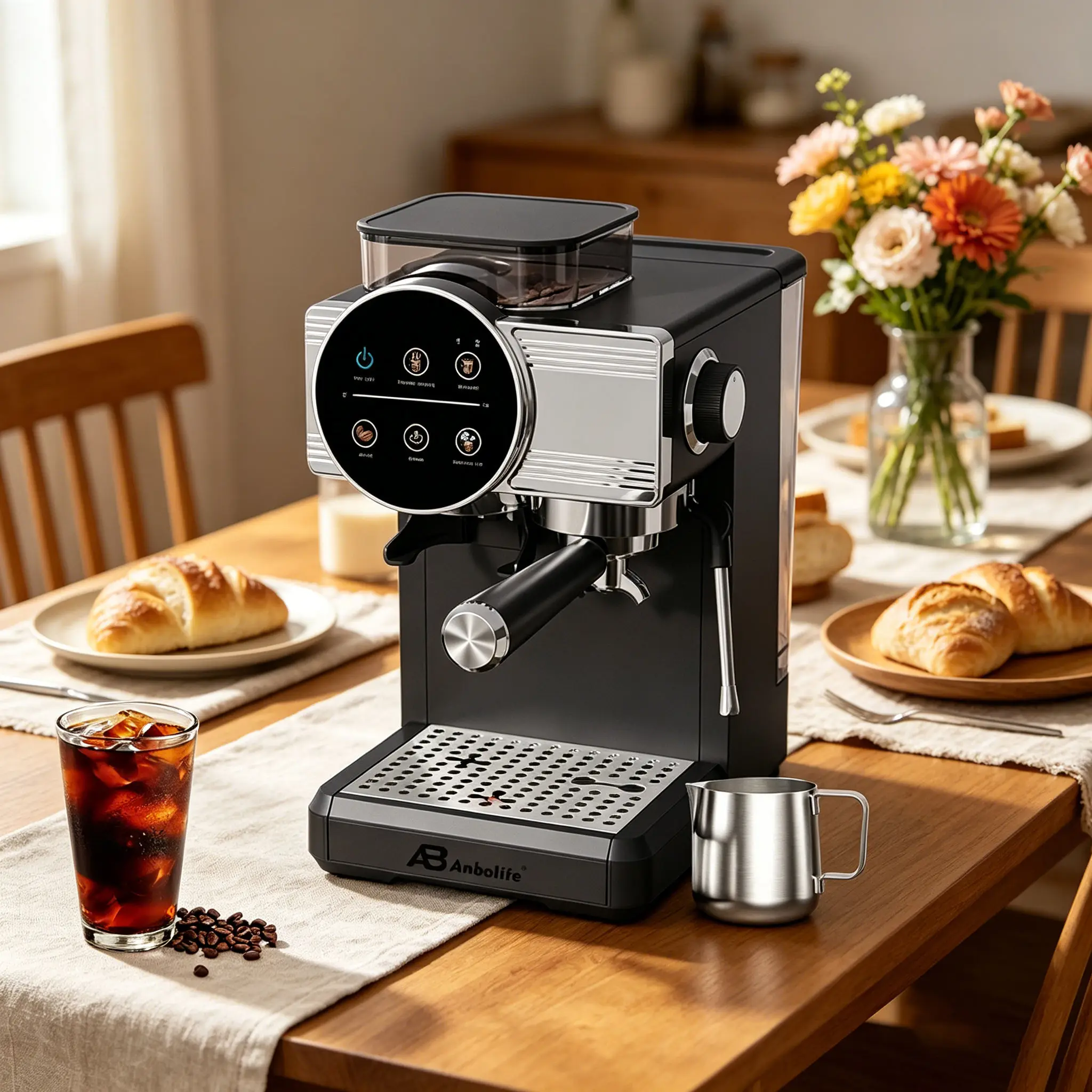 20 Bar PID Temp Control Espresso Coffee Machine with Built-in Grinder, 20 Grind Settings, IMD Touch Screen, Steam Wand