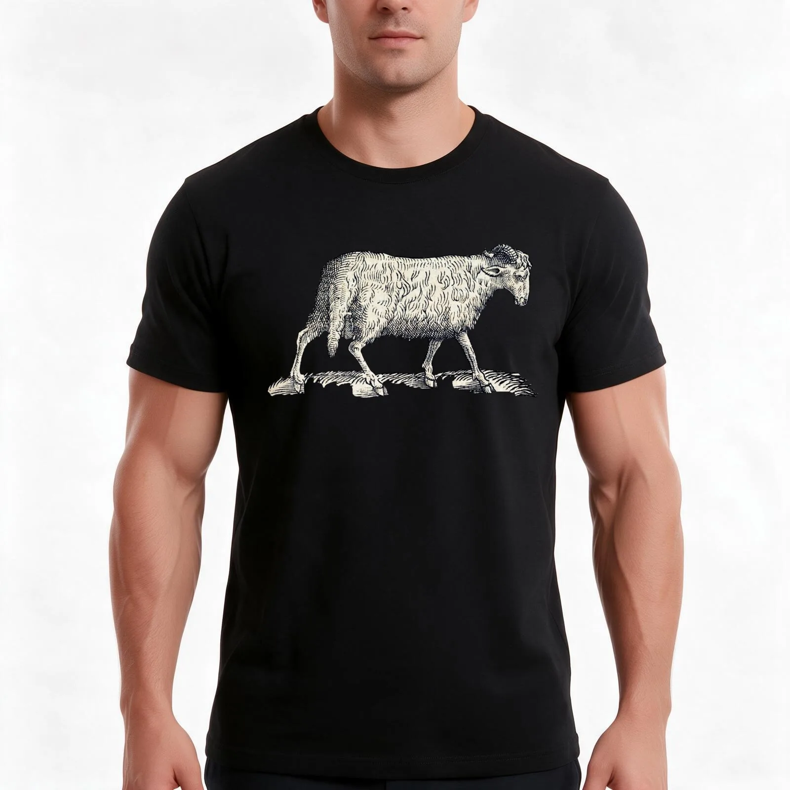 woodcuts bestiary - arabian sheep T-Shirt, Summer Casual Cotton Tee, Oversized Streetwear Tops, Vintage Graphic Print