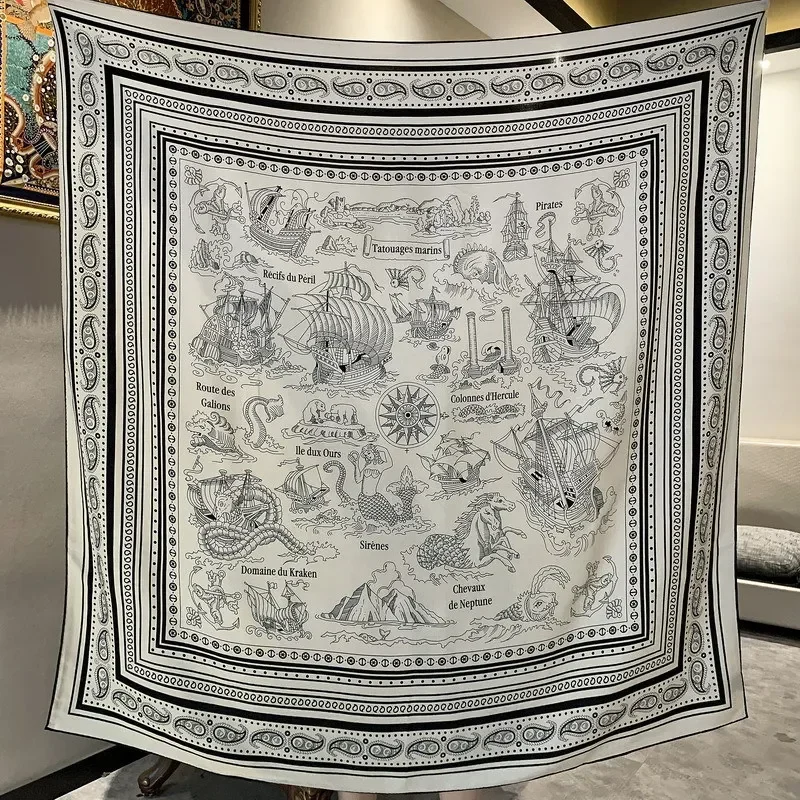 

Элегантный женский шарф-палантин премиум-класса из шелка и шерсти с двусторонним принтом в морском стиле, с ручной подгибкой края, в разных цветах