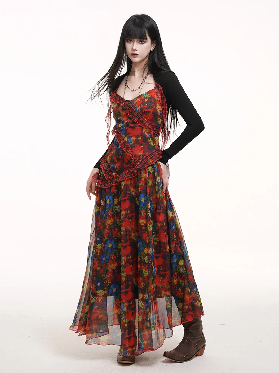 Estate New Chic Red Floral Ruffles Abito con bretelle con scollo a V Sweet Cool Girls Vacanza al mare A-line Abiti lunghi da fata a vita alta