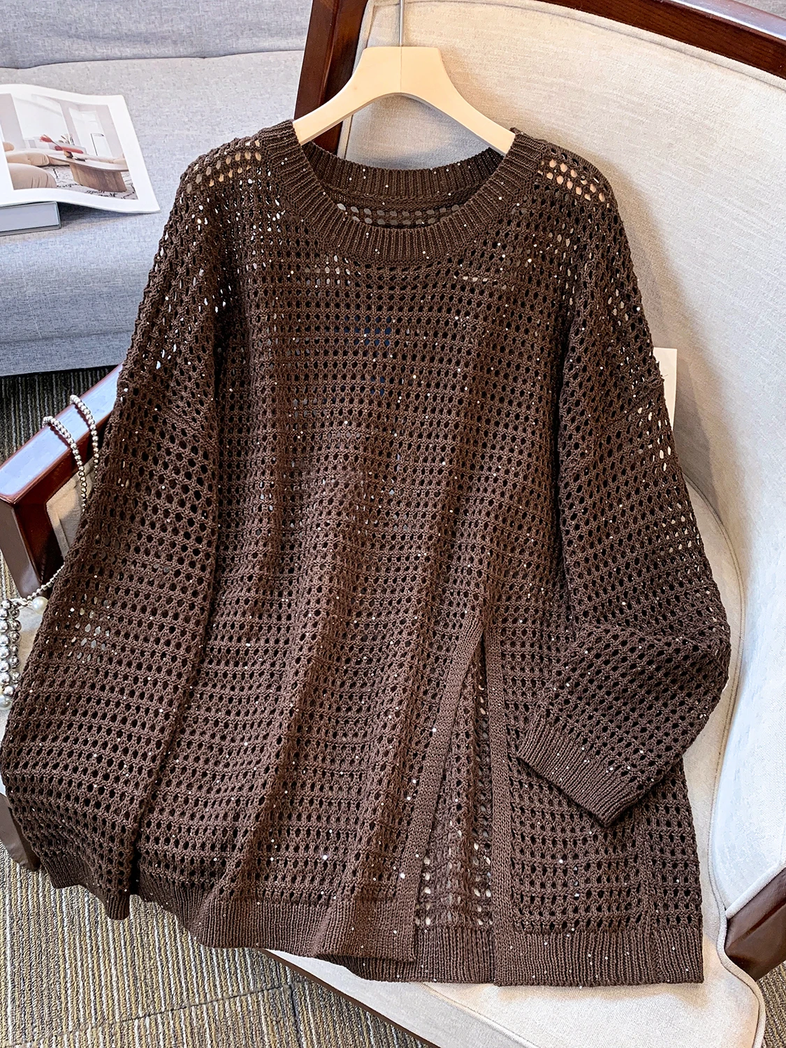 Loose Knitted Sweater Women's plus Size Open Slit Glittery Casual Sle mid Autumn New Arrival Breathable Comfortable Long Sl...