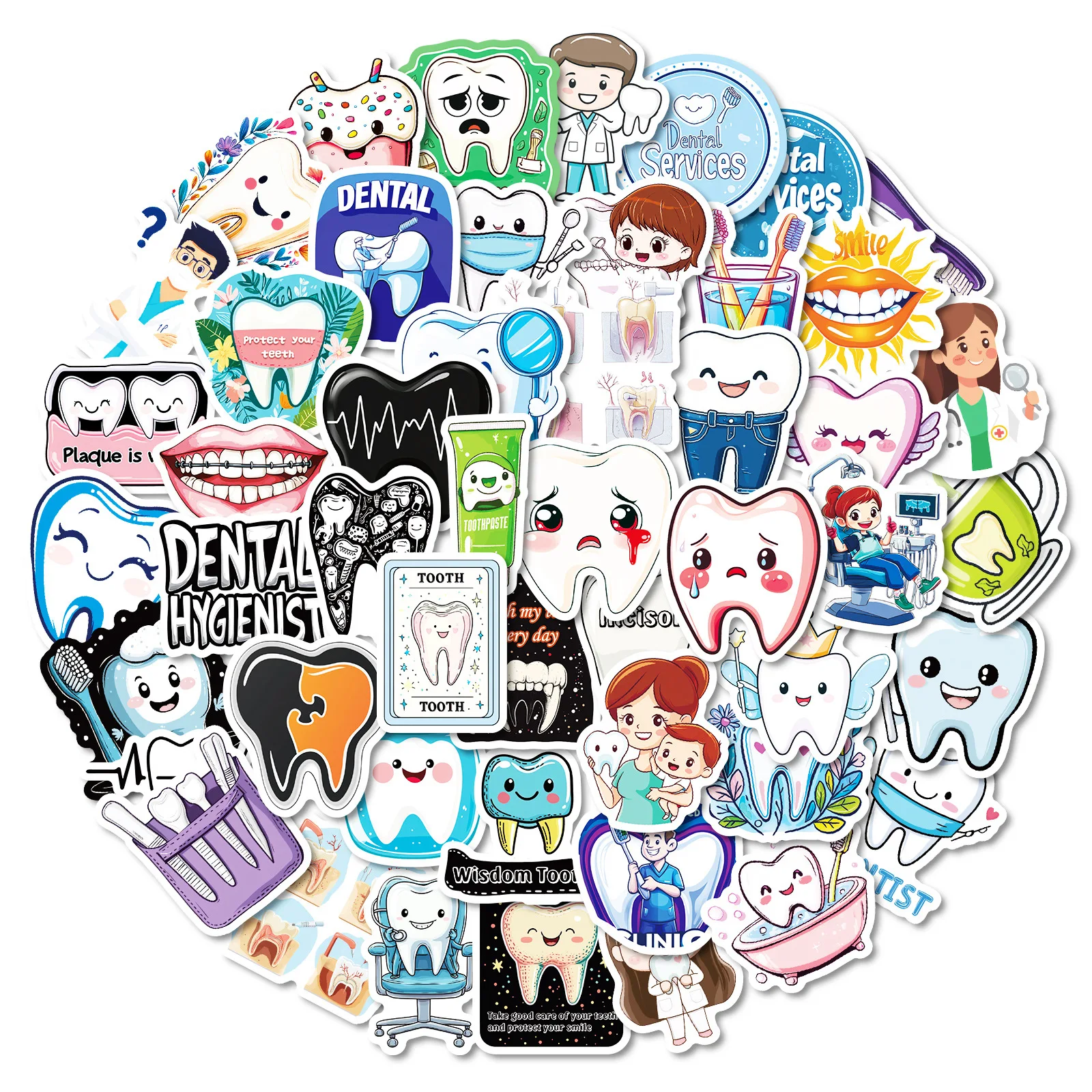 

10/30/50PCS Cute Funny Teeth Care Protect Tooth Stickers Waterproof Graffiti Luggage Phone Cup Scraphbook Guitar Fridge Kid Toys