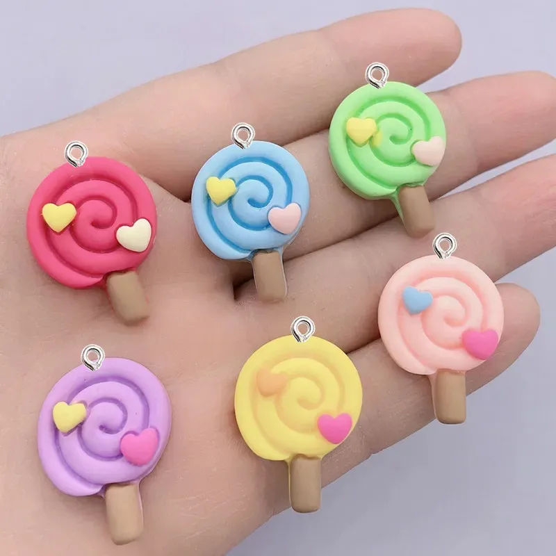 10 buah Kawaii kartun Lollipop Resin liontin DIY wanita anting liontin kalung gelang gantungan kunci dekorasi datar Resin belakang