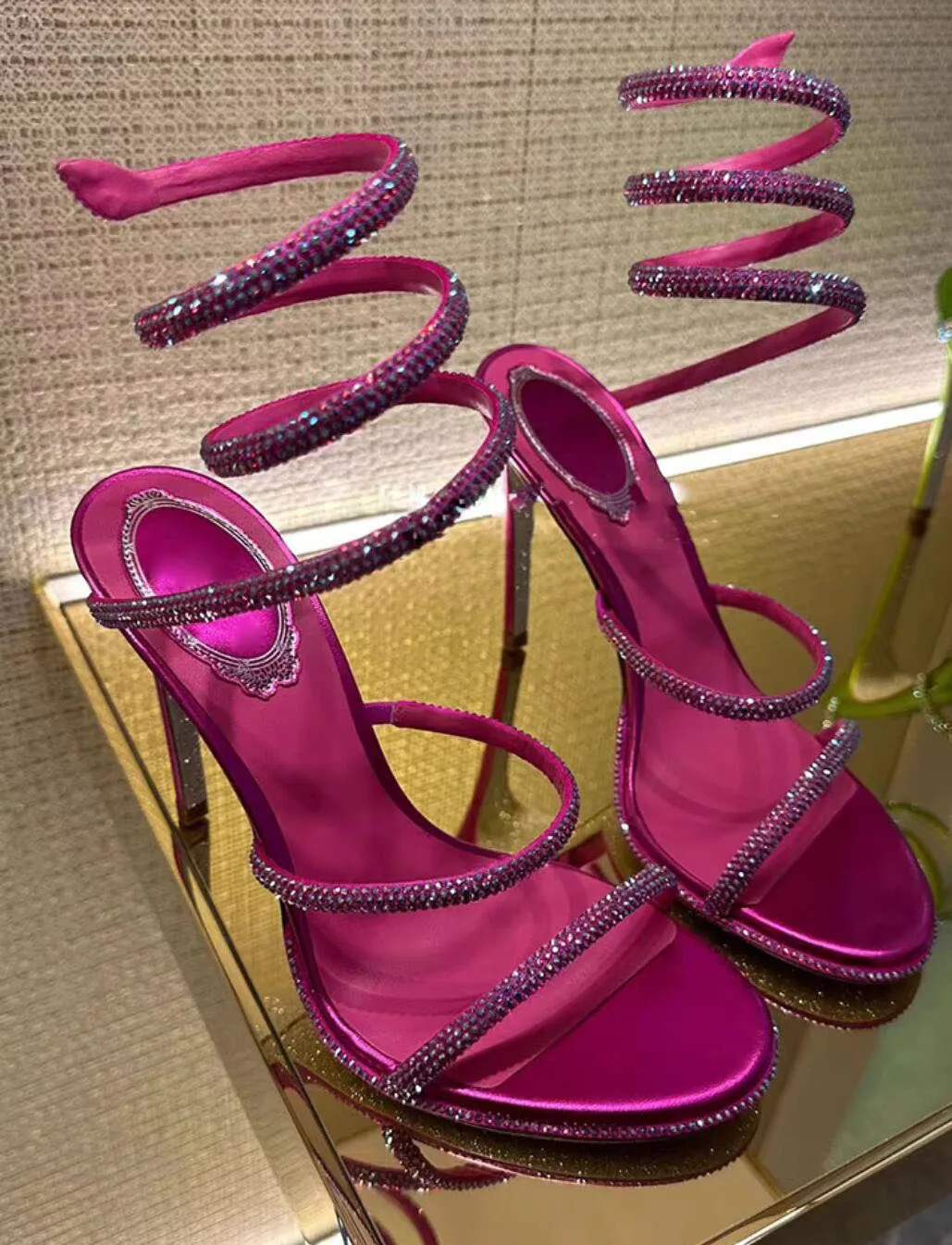 

Fuchsia Silver Pink Crystal Snake-Like Straps High Heels Sandals Woman Leg Twined Spring Bling Straps Wedding Sandals Shoes