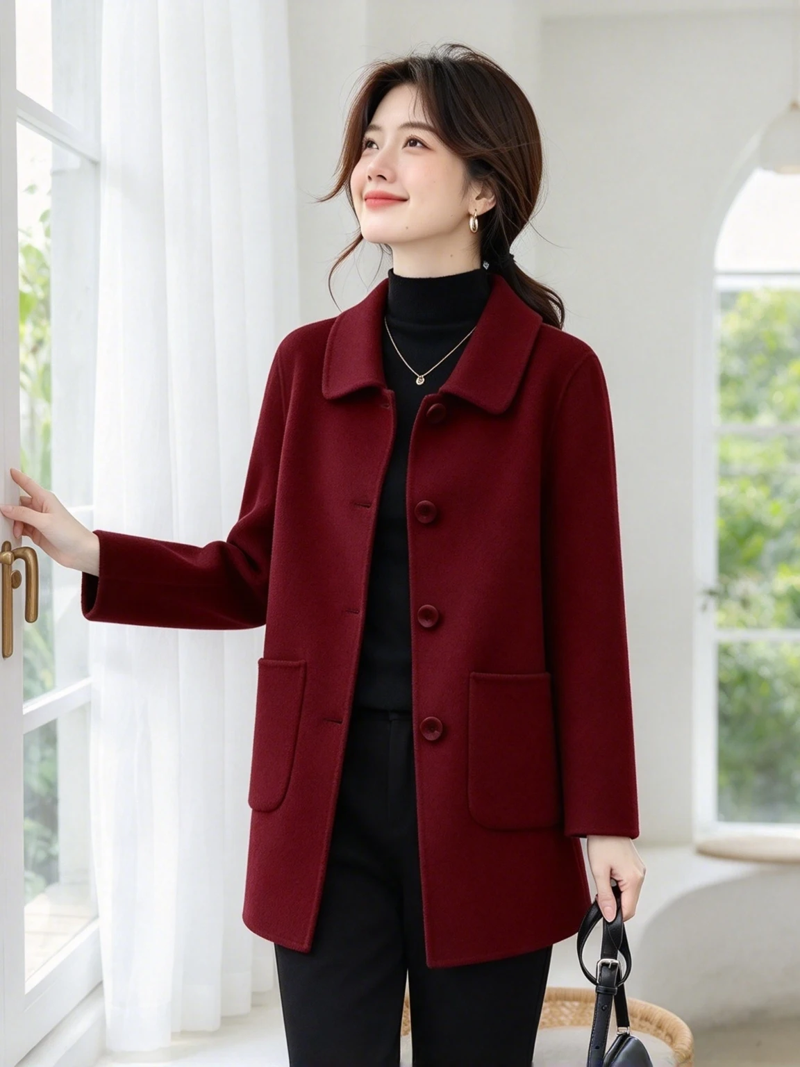 Red Woolen Coat Medium-Length Popular Mom's Chinese Zodiac Year Thickened Straight-Line Commute Style Women's Outerwear