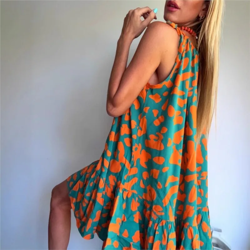 Abito da spiaggia estivo Donna Sexy Halter senza maniche Ruffles Mini abito ampio Moda Stampa floreale A-Line Abiti corti Boho Vestido