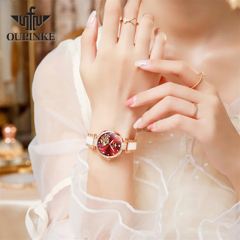 OUPINKE Mechanical Watch For Women Luxury Top Brand Stainless Steel Ceramic Strap Rose Gold Diamond Ladies Watches reloj mujer