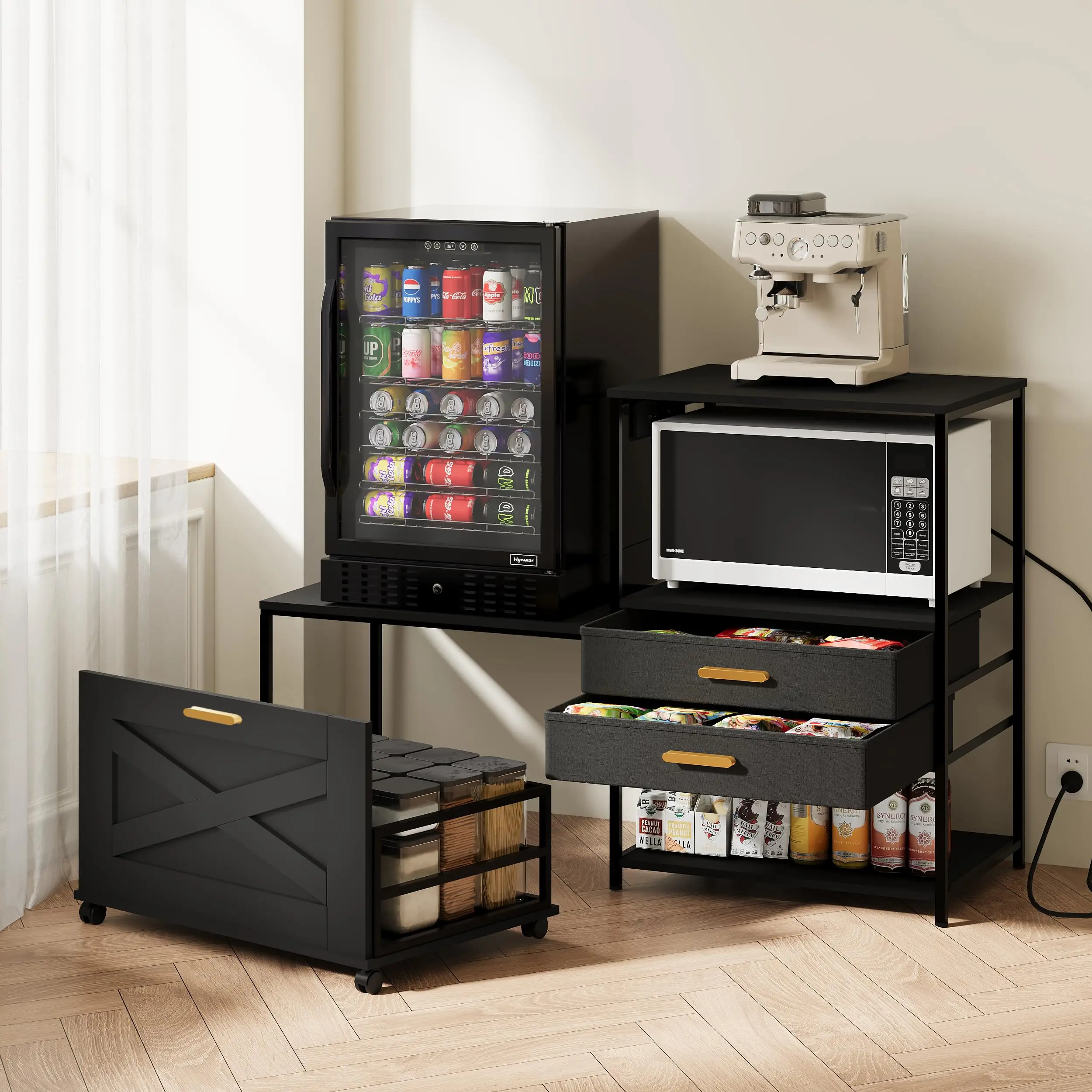 Mini Fridge Stand with Storage, Farmhouse Microwave and Mini Fridge Stand with Power Outlet & Cabinet, Kitchen Bakers