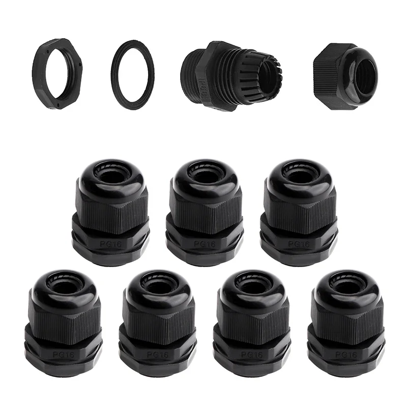 25pcs Waterproof Cable Gland Kit Black Nylon PG7-PG16 Connectors for Electrical Enclosure Junction Box Wiring