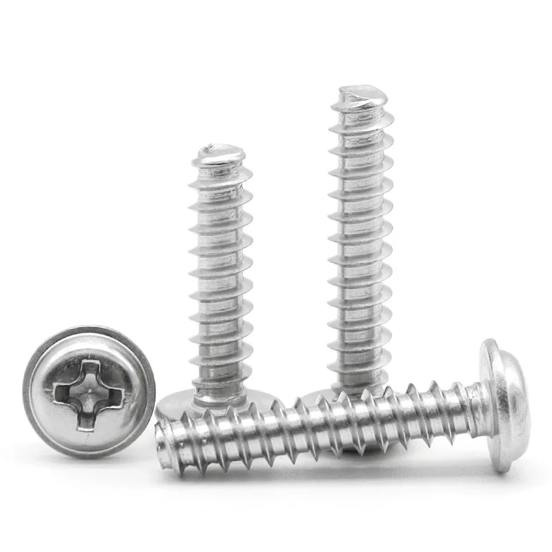 M1.7 M2 M2.2 M2.6 M3 M3.5 M4 304 Stainless Steel Cross Round Head with Washer Phillips Flat End Self Tapping Screws PWB Screw