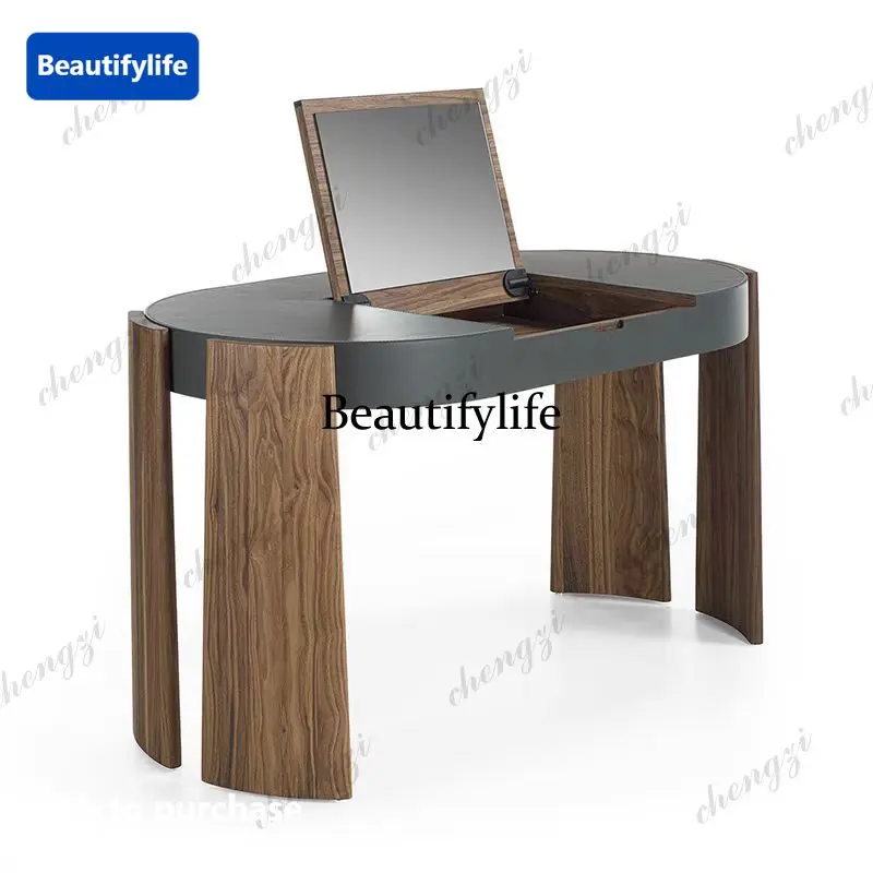 Modern medieval style solid wood leather art post desk dresser folding mirror makeup table