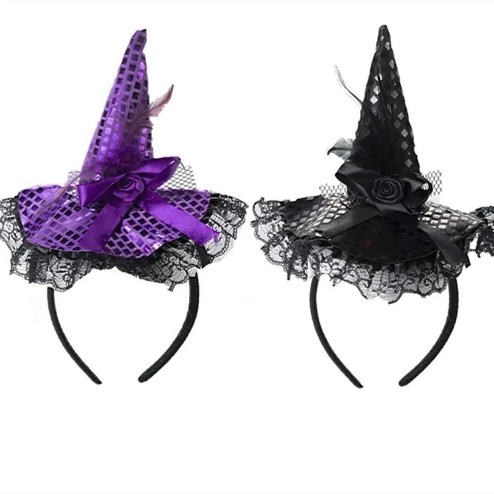 1pc Halloween Fashion Cartoon Witch Hat Cloth Party Decorations Hair Hoop Lace Sequins Headband Halloween Party Hats