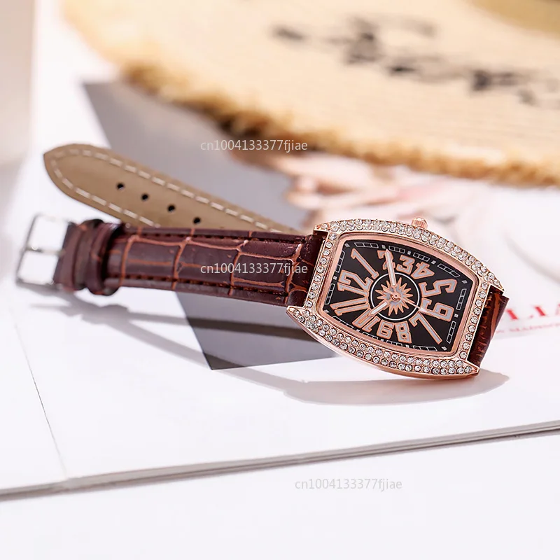 Luxury Elegant Ladies Leather Belt Diamond Fashion Faceted Watch Barrel-shaped Belt Watch Trendy  Women Watch Reloj De Mujer