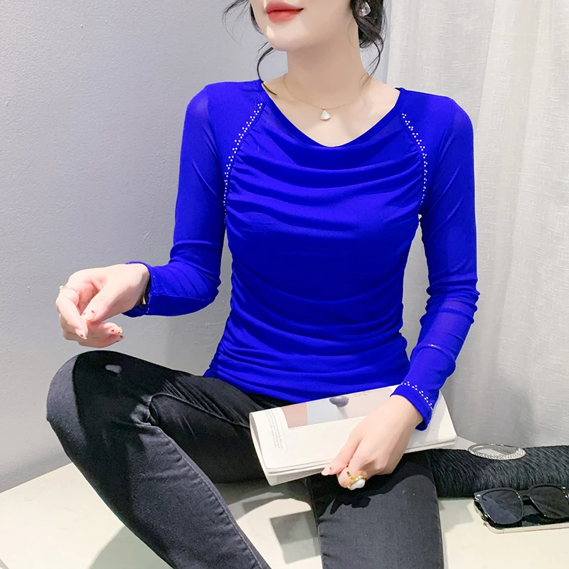 #7478 Black Blue Mesh T Shirt Women Long Sleeve Diamonds Sexy Elastic Short Tshirt Female Folds Split Joint Tee Shirt Femme 