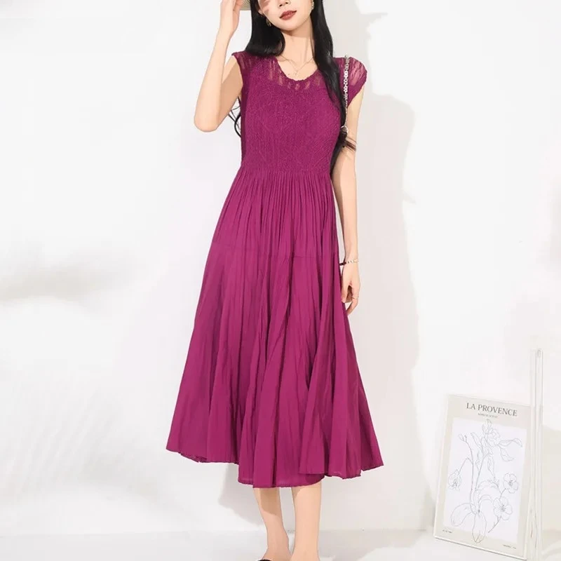 

Miyake French Women's Crew Neck Sleeveless Solid Color Pleated Dress 2025 Summer New Fashion Casual Versatile A-Line Dress