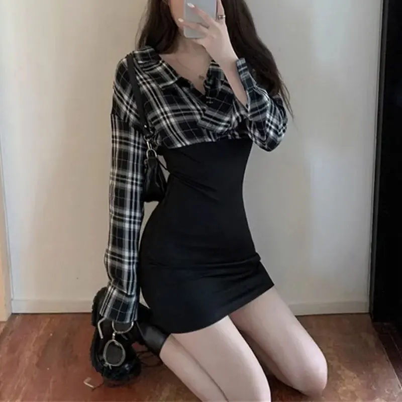 Korean Plaid Fashion Patchwork Dresses Autumn Long Sleeve Waist Slim Female Clothing Turn-down Collar Elegant Bag Hip Mini Dress