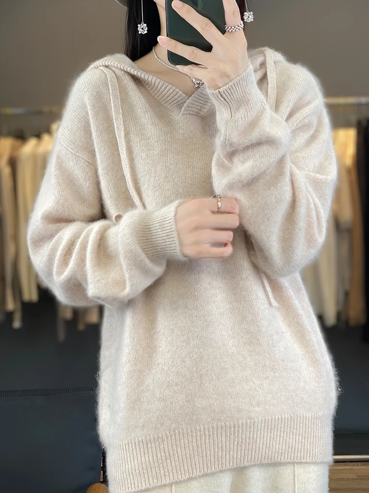 Otoño Invierno suéter grueso para mujer Sudadera con capucha 100% lana merina Casual jersey de manga larga abrigo de punto de Cachemira moda coreana