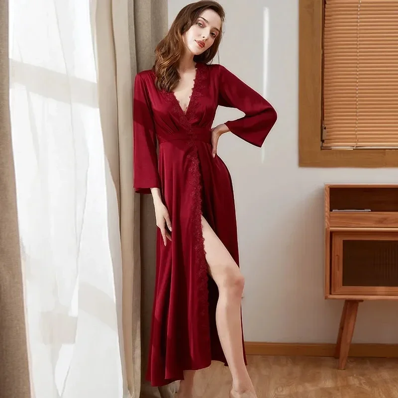 40010-2Lace Long Dressing Robe Women's Draped Satin Solid Color Beautiful Back Hollow Out Sexy Nightgown French Pajamas