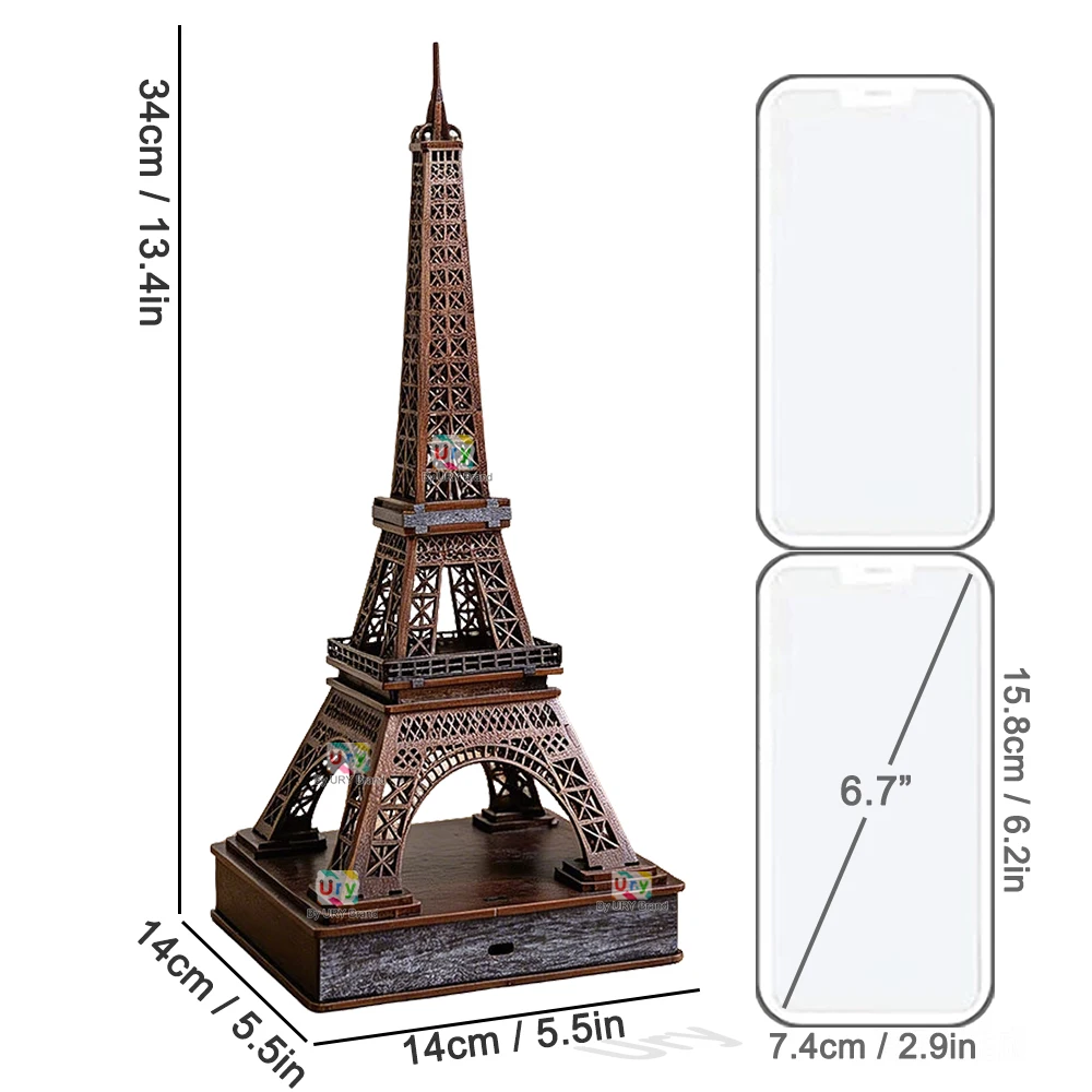 Ury 3D Wooden Puzzle Colorful Paris Eiffel Tower with Light Famous European Classics Building World Architecture Model DIY Toys