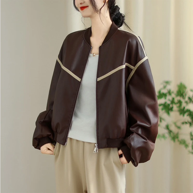 Masss Wasss Vintage losse kunstleren jassen Dames Koreaanse klassieke patchwork Pu-jassen Dames lentemode Causale bovenkleding