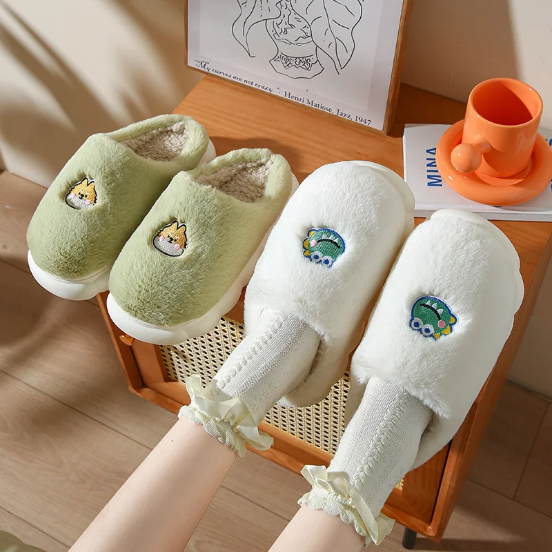 Dog Animal Cotton Slippers For Women In Autumn And Winter For Home Slipper Indoor Wood Floor Couples, Plush Soft Soled Slipper