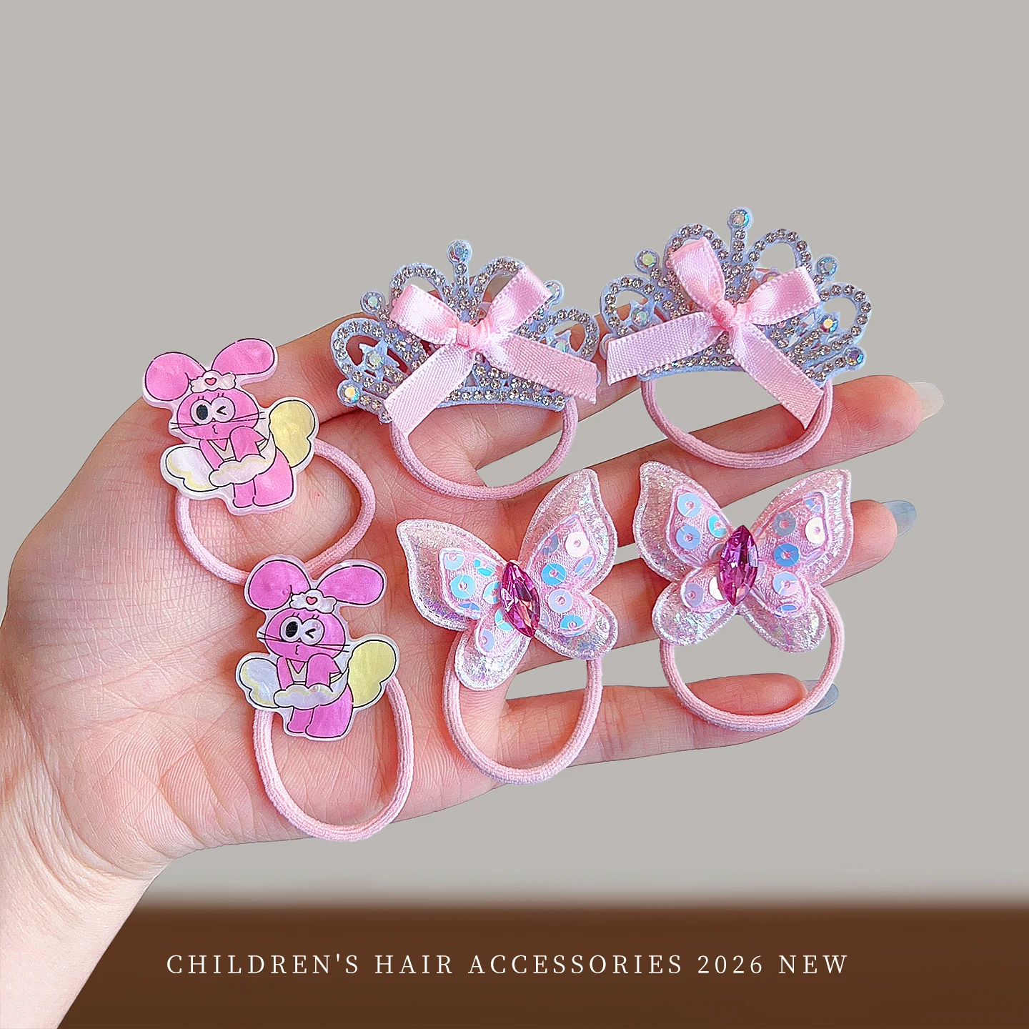 New Fashion 10pcs/set Pink Blue Mini Hair Ties Cartoon Bunny Rhinestone Crown Sequin Butterfly Heart Elastic Hair Band For Girls