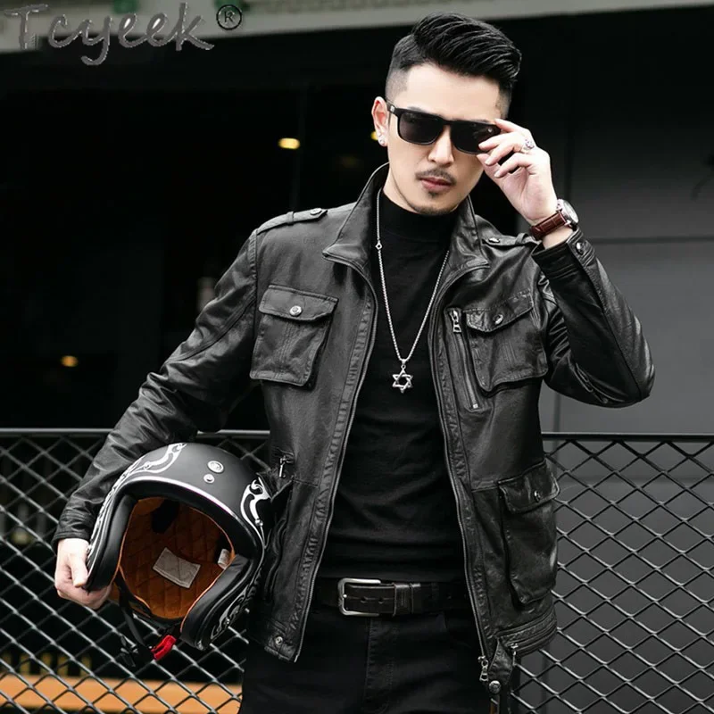 Tcyeek Natural Sheepskin Coats for Men Vintage Genuine Leather Man Jackets Spring Autumn Clothes Safari Style Leather Coat 2024