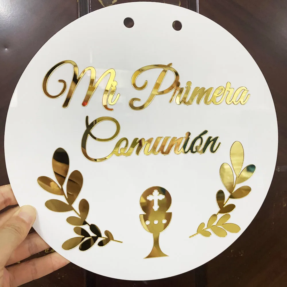 Mi Primera Comunión Espagnol Rond 3D Acrylique Signe Personnalisé, Nom Brodé, Confrontement de Sainte Communion, Décoration Murale
