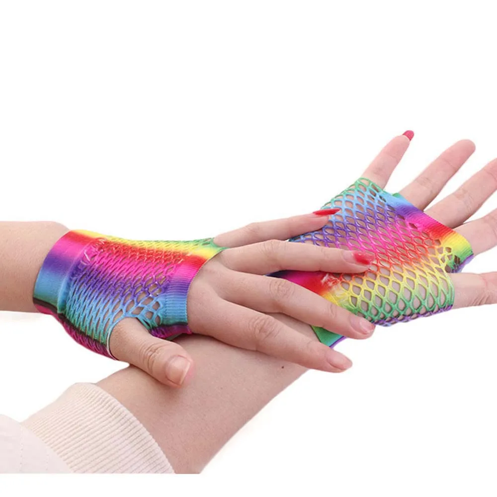 Fashion Elasticity Girl Long Half Finger For Women Short Half Finger Fishing Net Gloves Rainbow Color Gloves Arm Sleeves Nylon