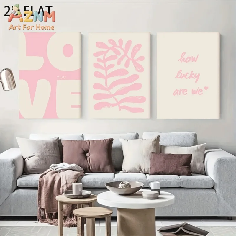 Unframed 3PCS Pink Love Text Abstract Leaf Canvas Wall Art How Lucky Are We Minimalist Print Poster Home Bedroom Decor Canvas