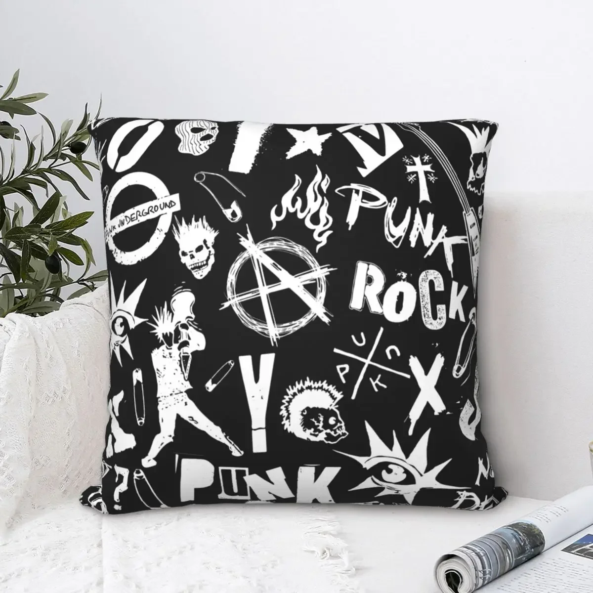 70s Punk Rock Anarchy Symbols Skulls Throw Pillow Cover Polyester Cushions for Sofa Custom Pillowcover Home Decor