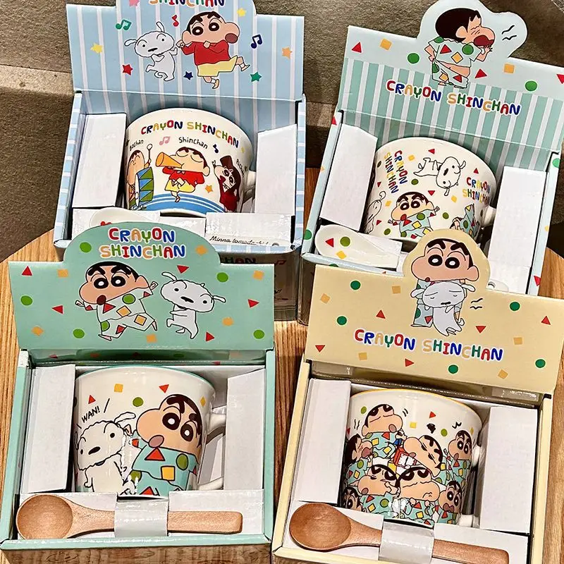 New Kawaii Crayon Shin-chan Ceramic Cup with Spoon Gift Box Cute Cartoon Animation Student Milk Coffee Mug Holiday Gift