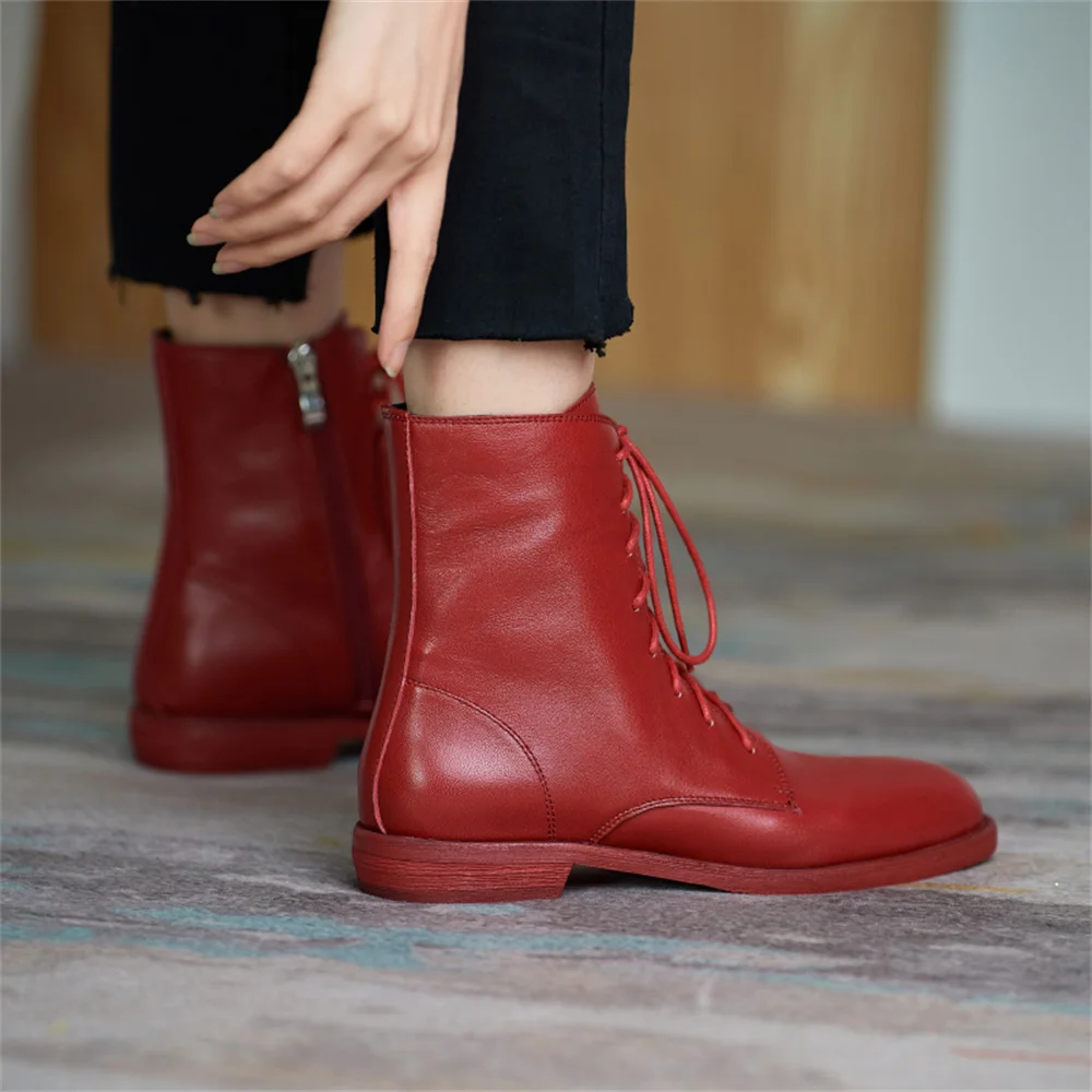 FEDONAS Ankle Boots for Women Low Heels Western Boots Female Autumn Winter Cross-tied Genuine Leather Booties Motorcycle Boots