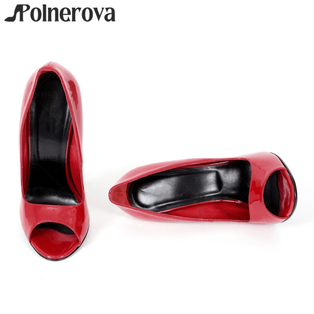 16 ซม.Peep Toes มากปั๊มเซ็กซี่สีแดงสิทธิบัตรหนัง Stilettos เคลือบ Empire รองเท้าส้นสูงลื่นบนปรับแต่ง Handmade ปั๊ม