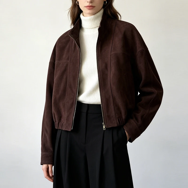 

High Luxury Imported Goatskin Jacket Coats for Women 2026 Fashion Stand Collar Zipper Short Female Suede Real Leather Jacket Top